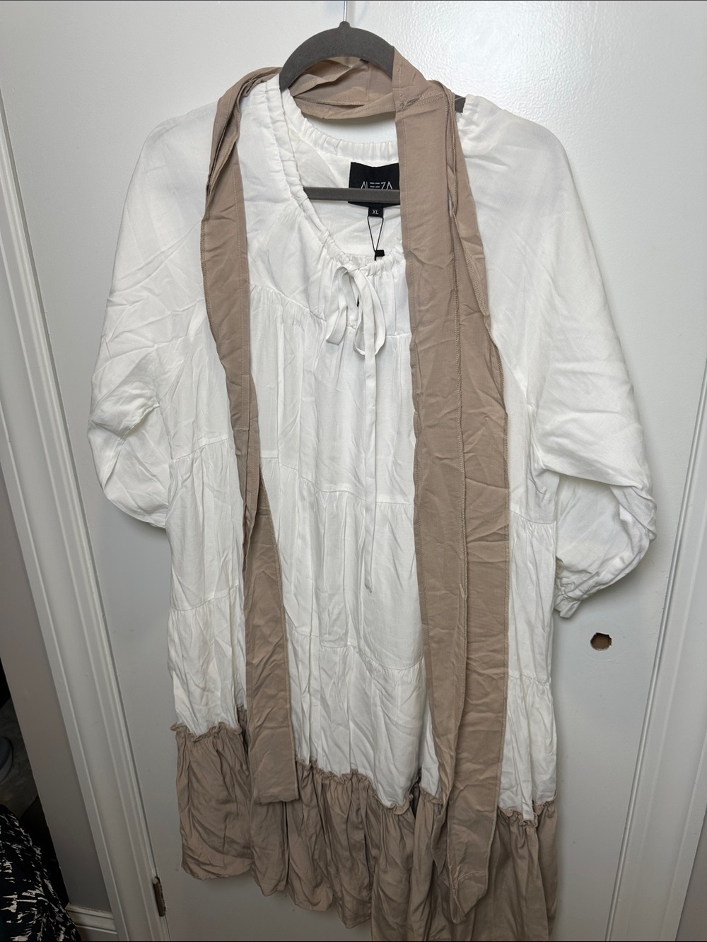 White Midi Tiered Boho Dress with Taupe Scarf (50)